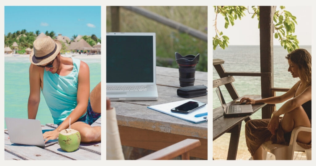 digital nomad people working from the beach