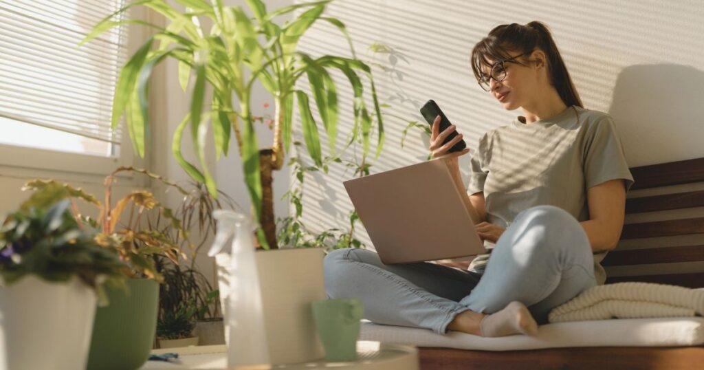 digital nomad woman navigating on internet 