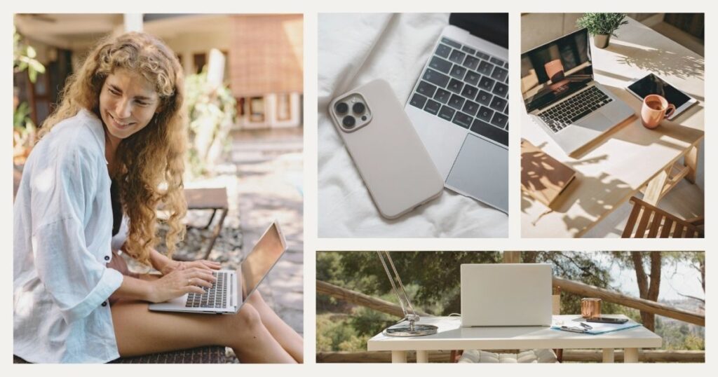woman working remotely with her digital nomad kit