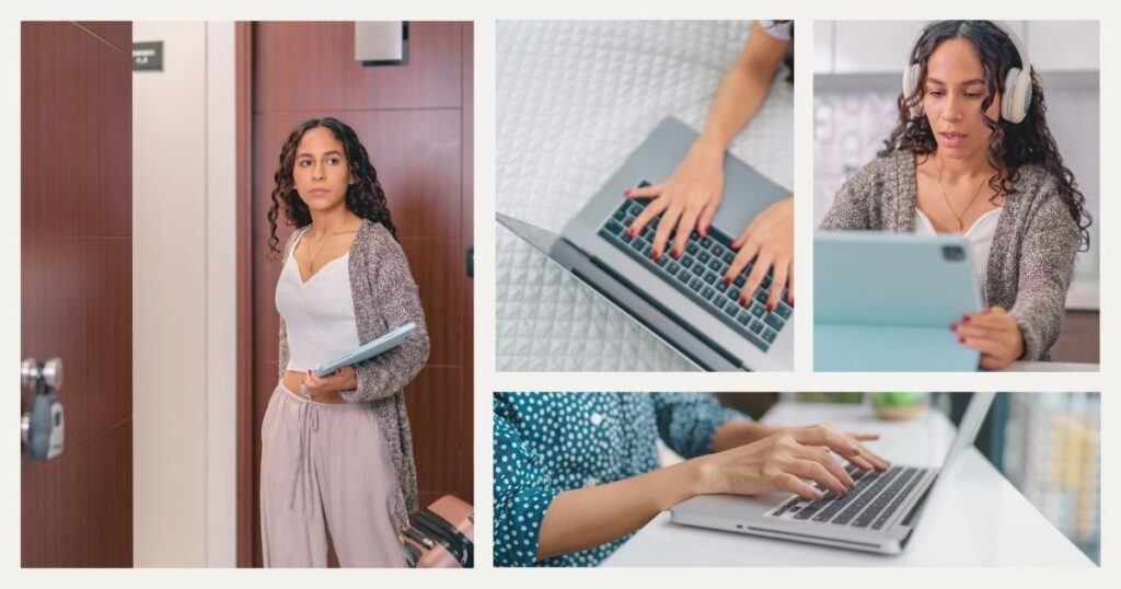 mujer nomada digital trabajando remoto