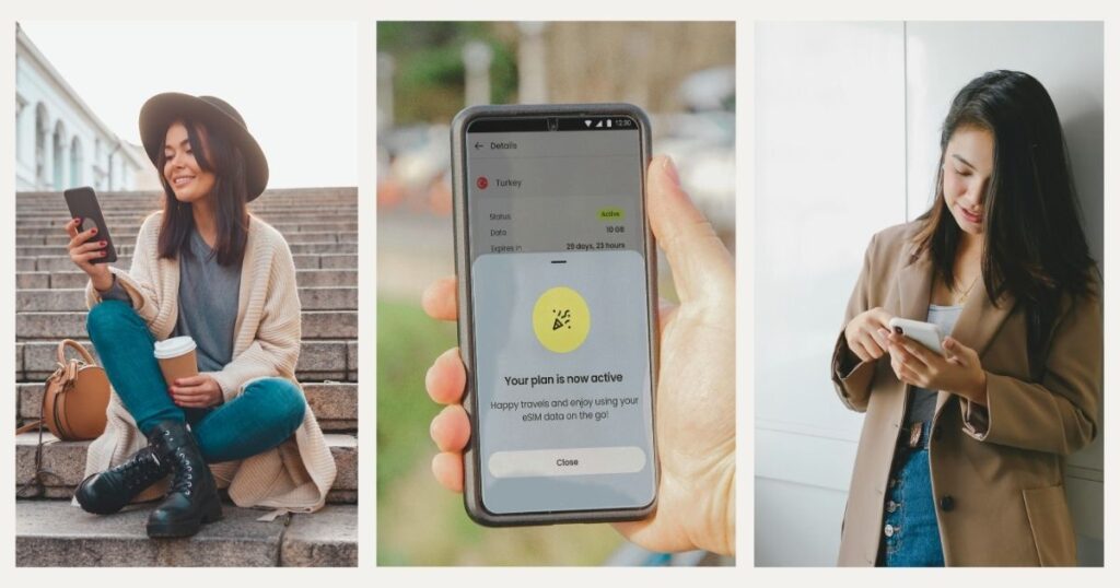 mujer usando internet en su iphone con una esim 