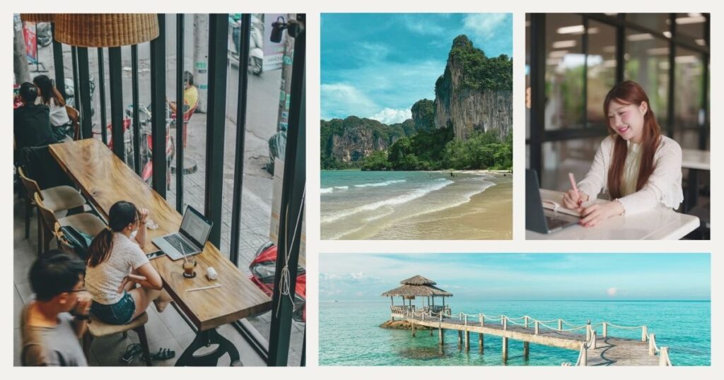 mujer nomada digital trabajando en remoto desde Tailandia