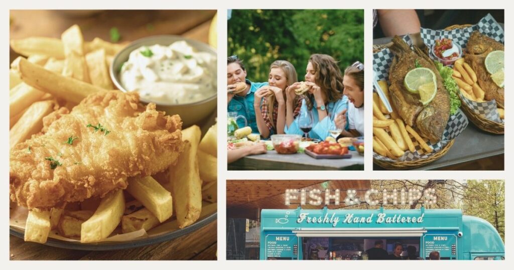 jovenes disfrutando de un sabroso fish & chips en Reino Unido