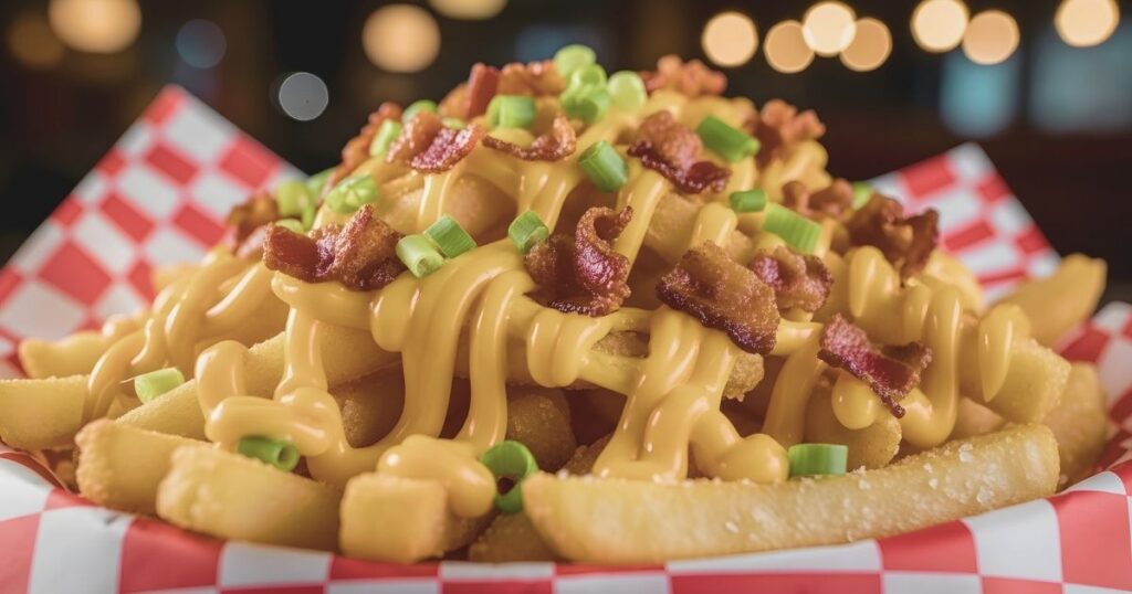 plato tipico de Reino Unido de patatas fritas con salsa de carne 