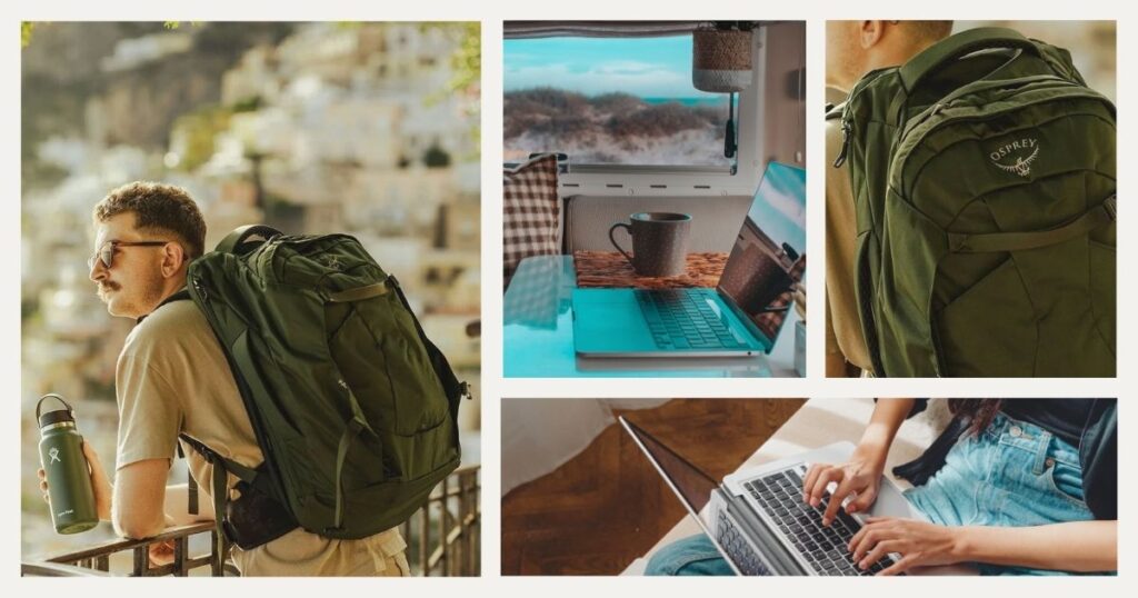 hombre nomada digital usando la mochila Osprey Farpoint 40