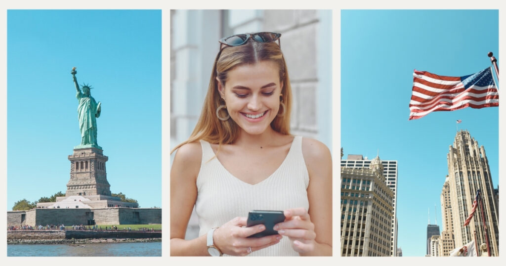 mujer joven usando internet en el celular con una esim en Estados Unidos