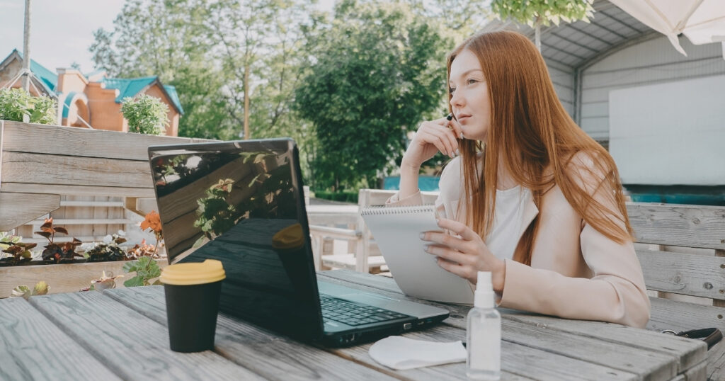 young woman working from France