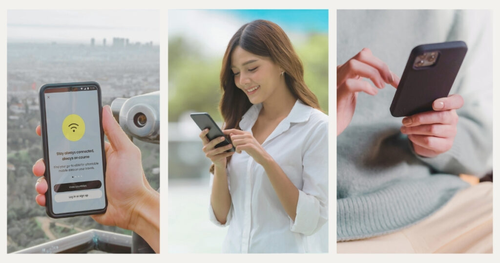 smiling woman navigating on internet through an esim