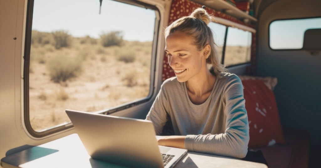 digital nomad woman navigating on internet while traveling