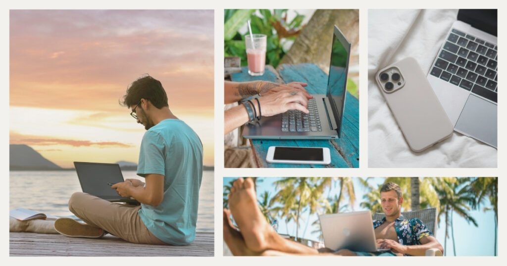 digital nomad man using internet in his laptop while traveling