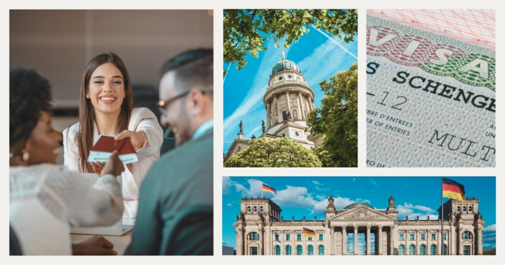 woman lawyer giving the passport back to her clients with the German work visa approved