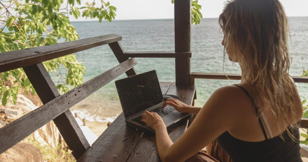 woman working remotely from Europe