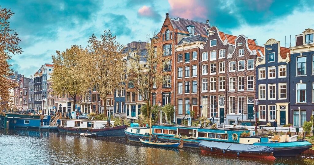 nice view of famous buildings and boats in Netherlands