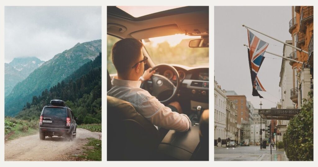 traveler man driving a rental car in the UK roads