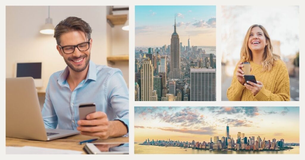 hombre y mujer disfrutando de internet movil en Nueva York