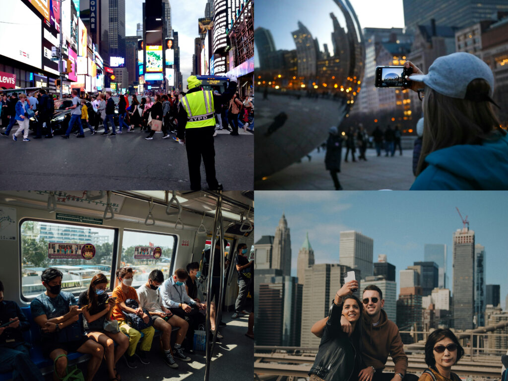 Personas en el metro y en las calles de Nueva York con teléfonos móviles.