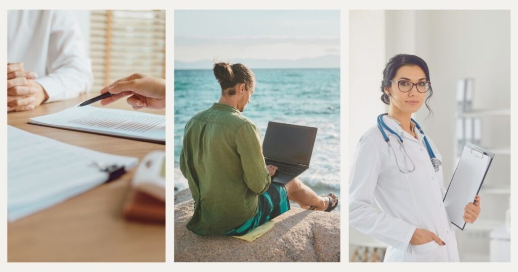 digital nomad man using a health insurance while traveling