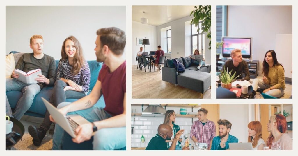 digital nomads talking and working in a coliving space