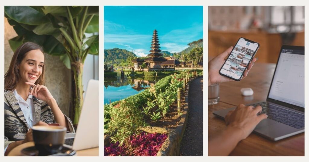 mujer sonriente trabajando en internet en Bali