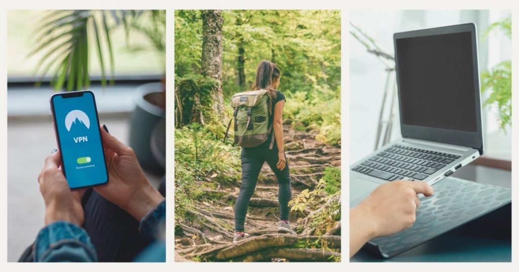 mujer nomada digital haciendo trekking