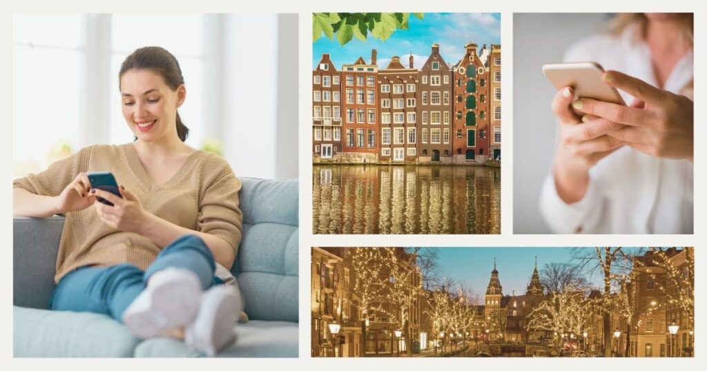 mujer sonriente navegando en internet en Amsterdam