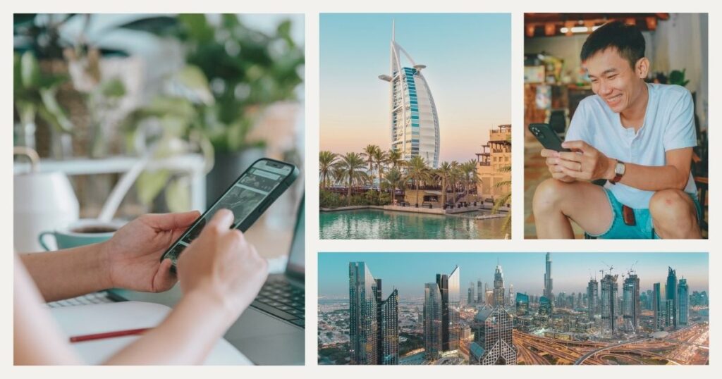 hombre sonriente disfrutando de internet movil en Dubai