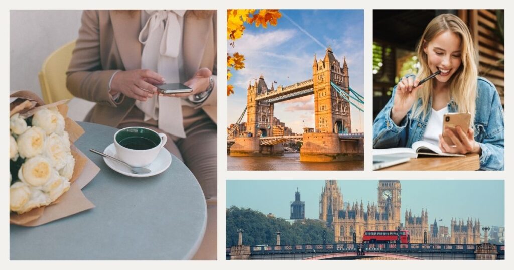 mujer joven navegando en internet en su celular en Londres