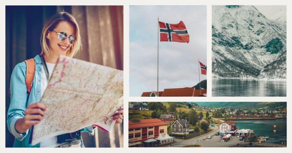 mujer sonriente mirando el mapa de Noruega