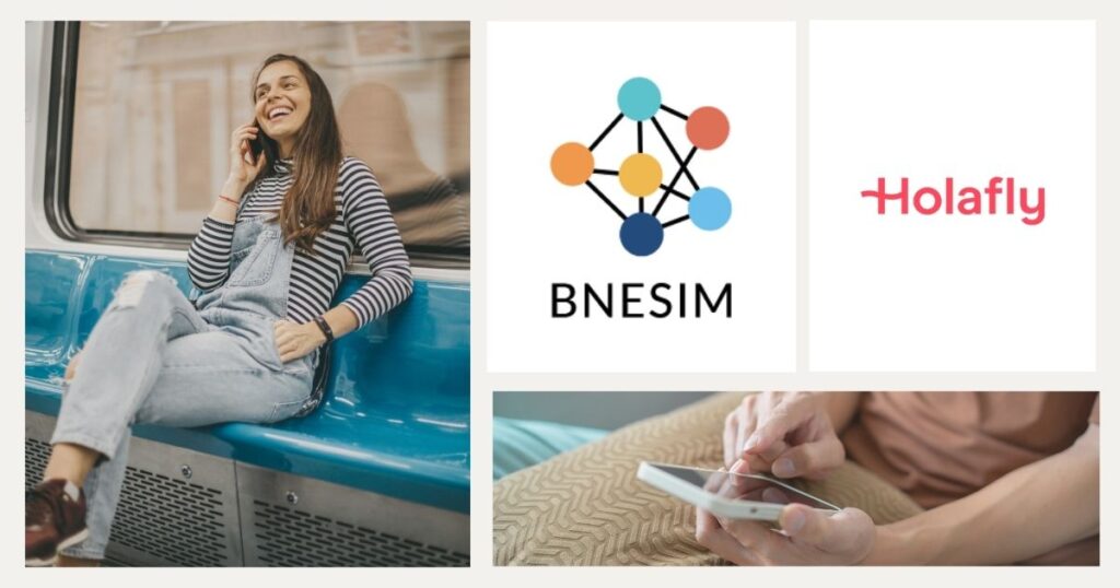 mujer usando esim en su celular