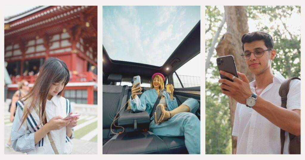 jovenes navegando en internet con esim al viajar a varios destinos