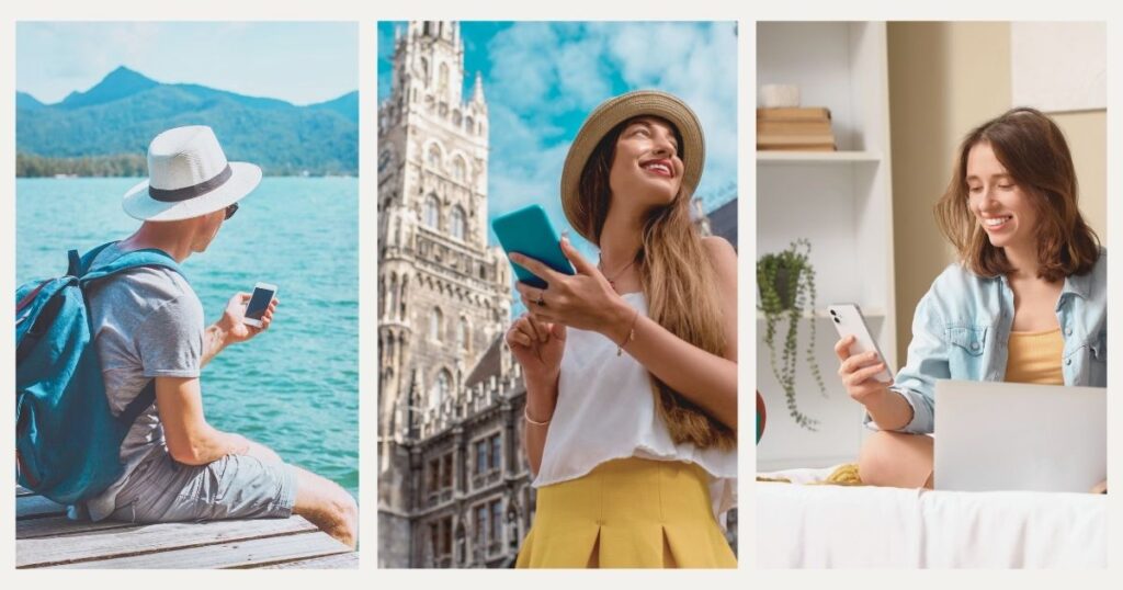 personas jovenes usando esim en sus celulares en varios destinos