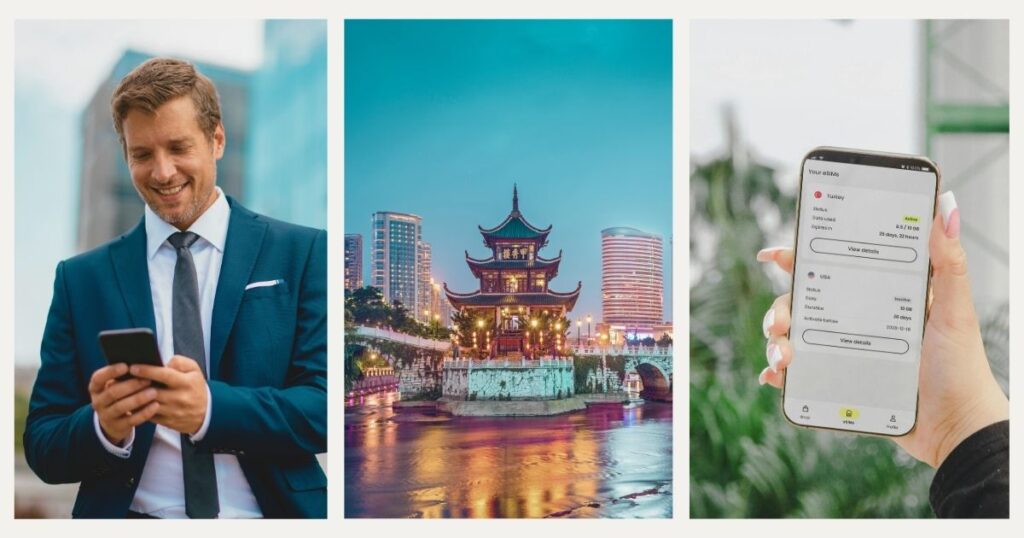 hombre sonriente usando esim en su celular en China