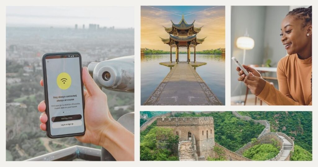 mujer sonriente usando internet en su celular con la esim China 