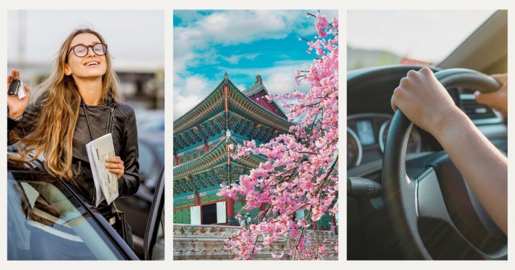 mujer joven conduciendo un coche alquilado en Corea del Sur