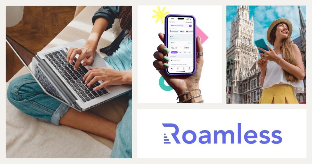 mujer joven disfrutando de la esim de Roamless en su celular