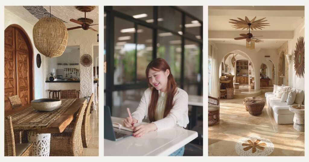 smiling digital nomad woman working from a Bali villa