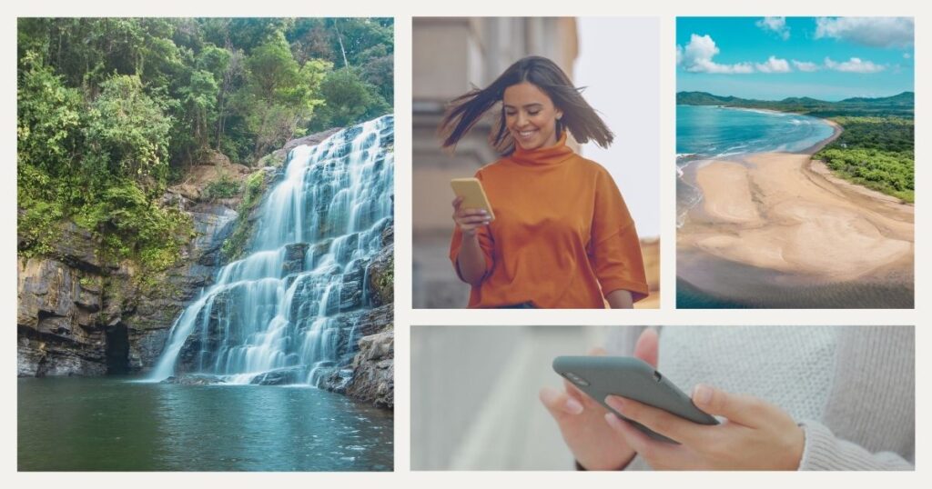 mujer feliz usando esim en Costa Rica