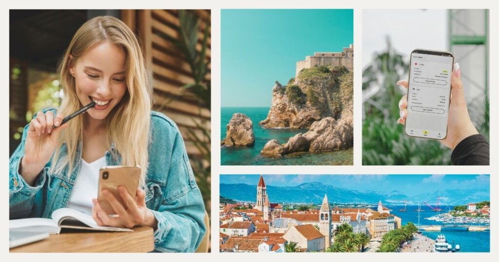 mujer joven navegando en internet en su celular con la esim en Croacia