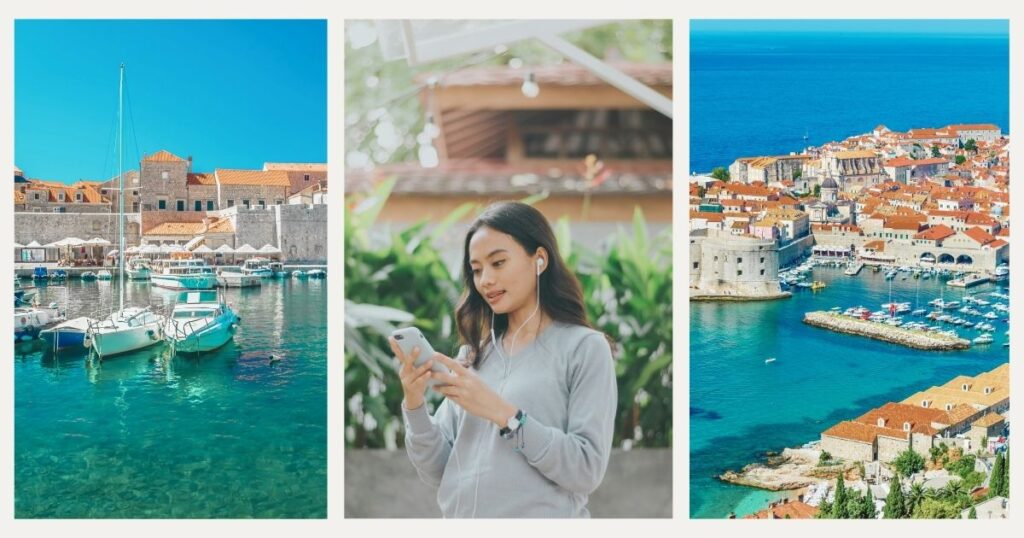 mujer usando internet en su smartphone con la esim en Croacia