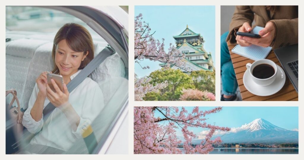 mujer sonriente en Japon usando internet en su celular con una esim