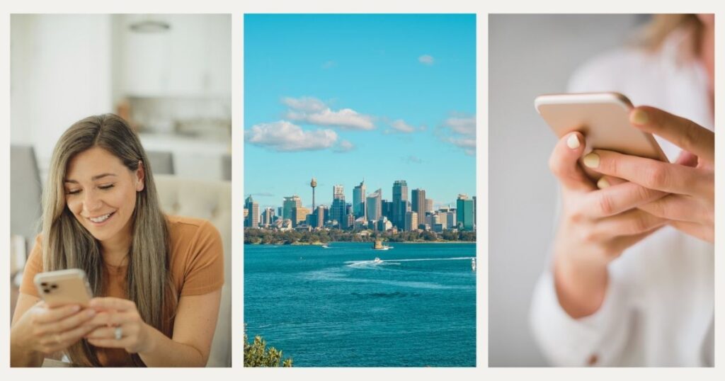 smiling woman using internet in Australia
