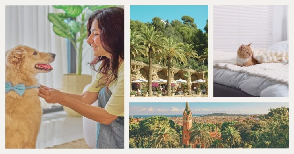 happy woman with her dog and cat in a pet-friendly hotel in Barcelona
