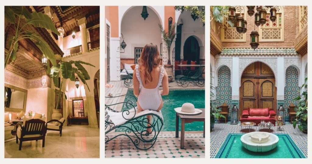 mujer joven disfrutando de un tipico riad en Marruecos
