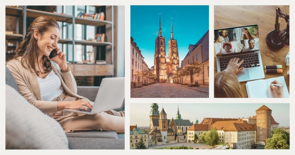 smiling woman working from home in Poland