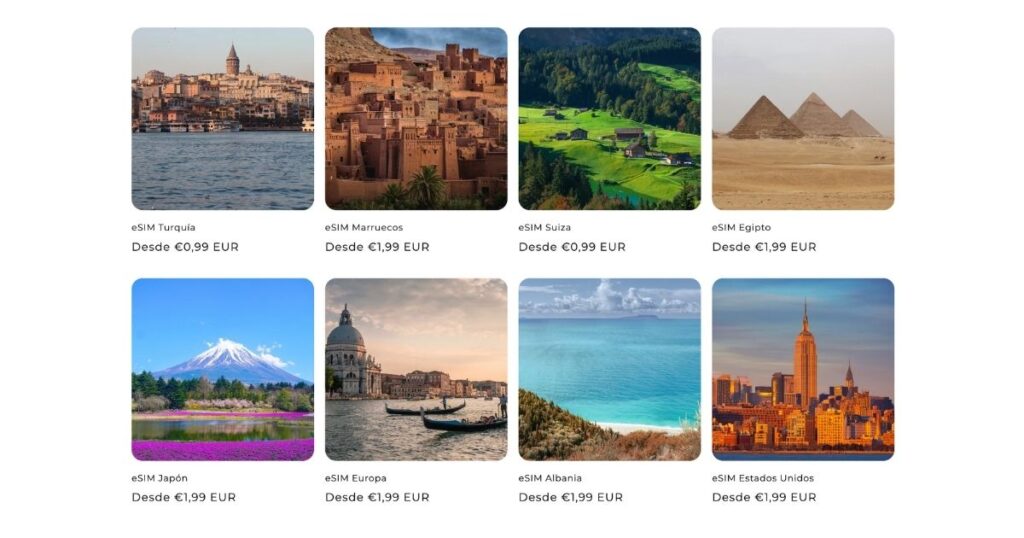 diferentes planes de Roamic esim para distintos destinos