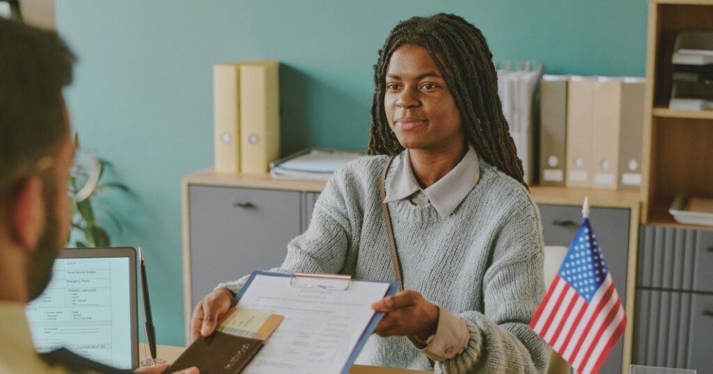 woman getting her temporary work visa for the US