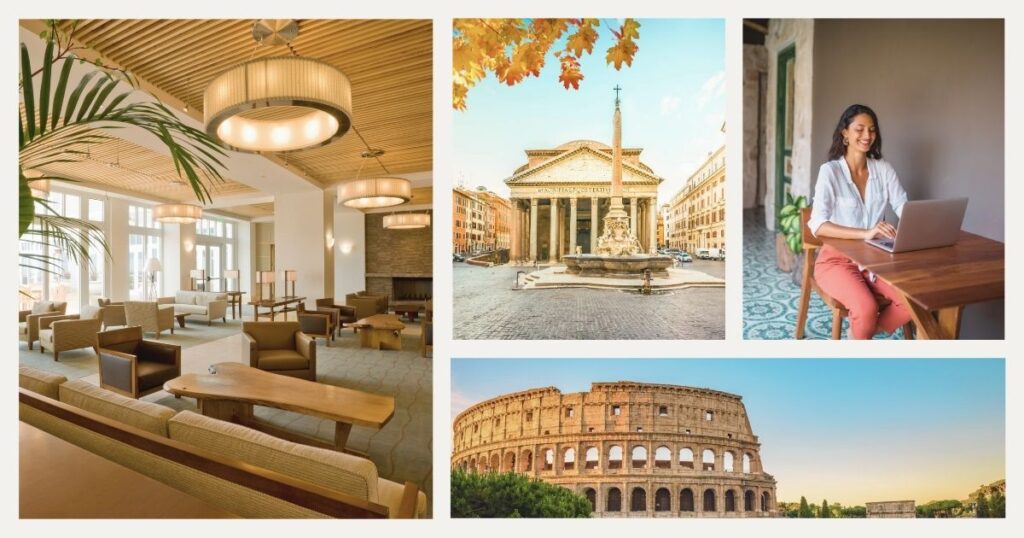 mujer sonriente trabajando online desde hotel en Roma