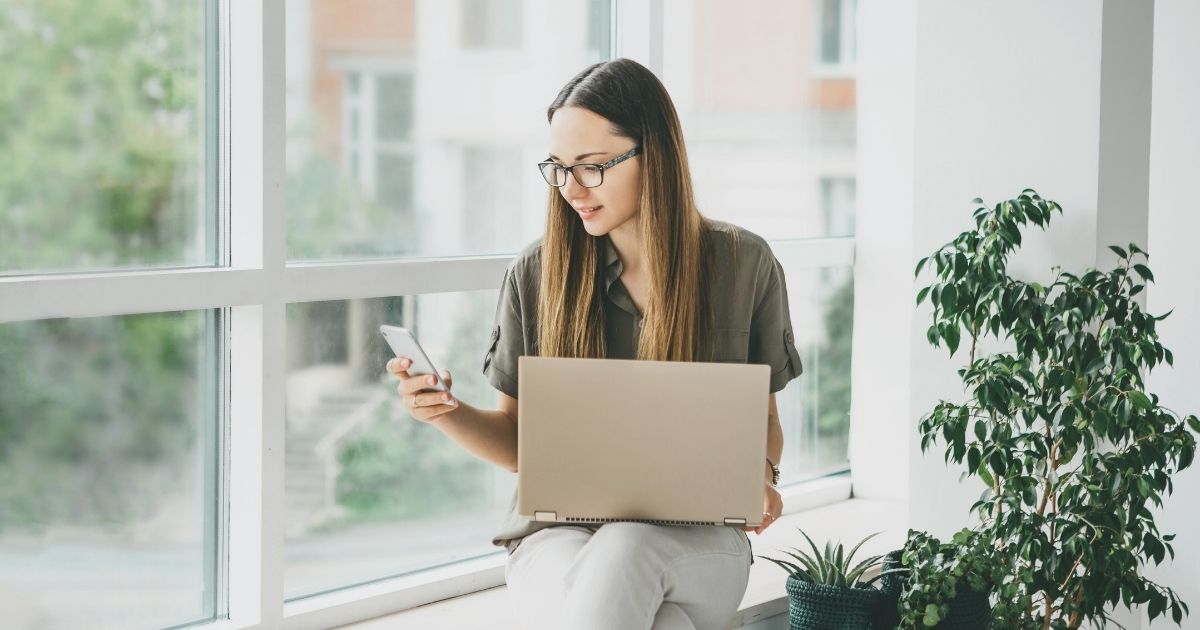 young woman navigating on internet in Japan