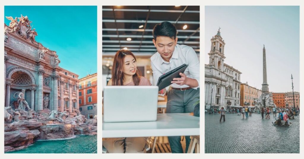 man and woman navigating on internet in Rome