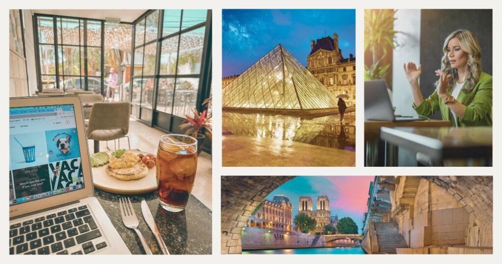 blond woman working with the internet in Paris